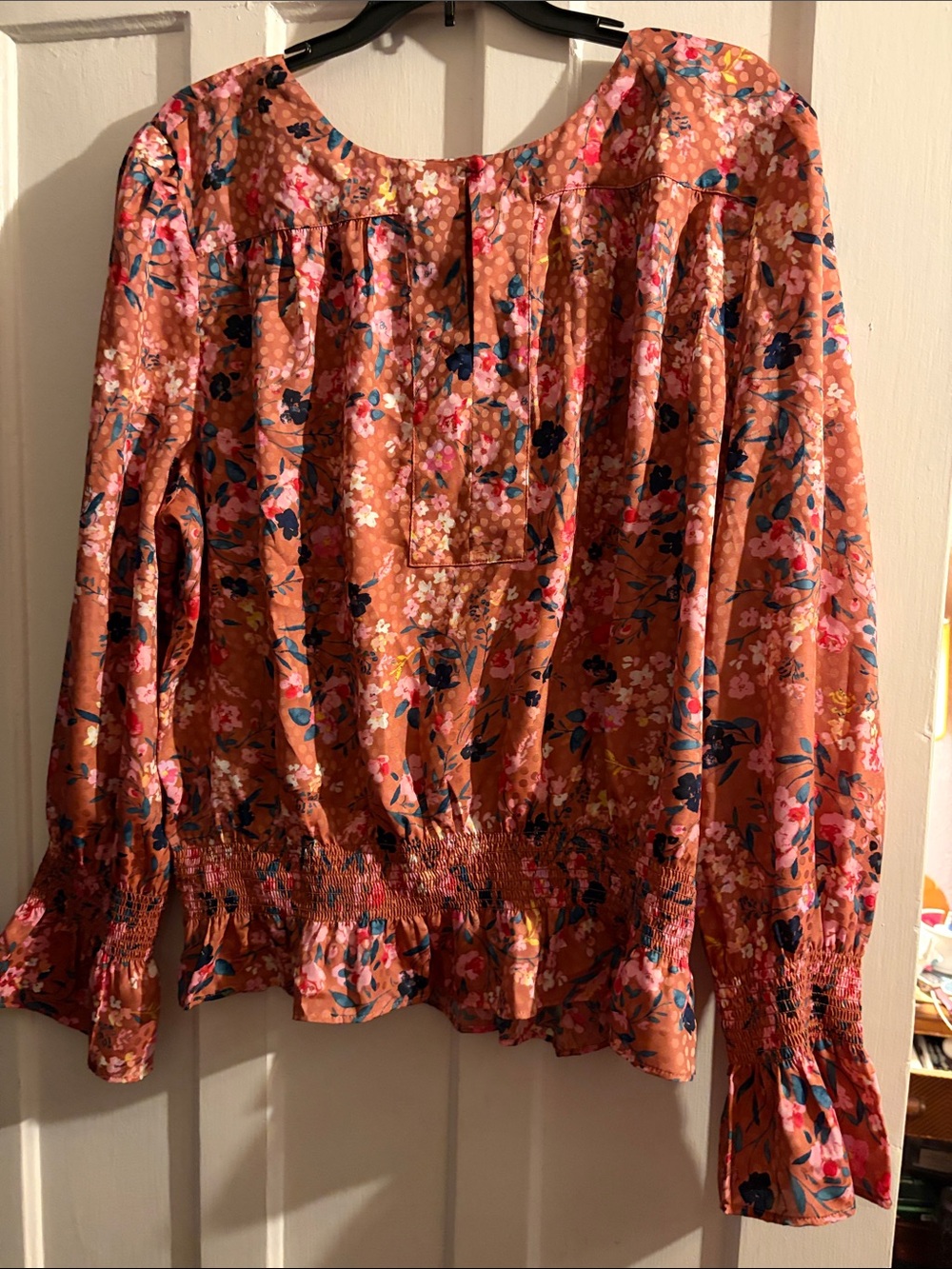 Ann Taylor Rust Floral Peasant Blouse with Smocked Hem